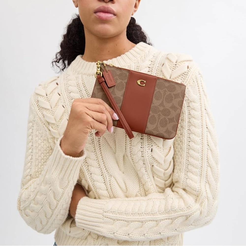 Coach Signature Canvas Wristlet in Brown and Tan with Leather Trim